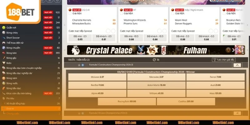 Cá Cược Đua Xe 188BET: Thể Lệ Chơi, Mẹo Cược Đỉnh Cao Các kèo cá cược đua xe rất đa dạng tại nhà cái 188BET.